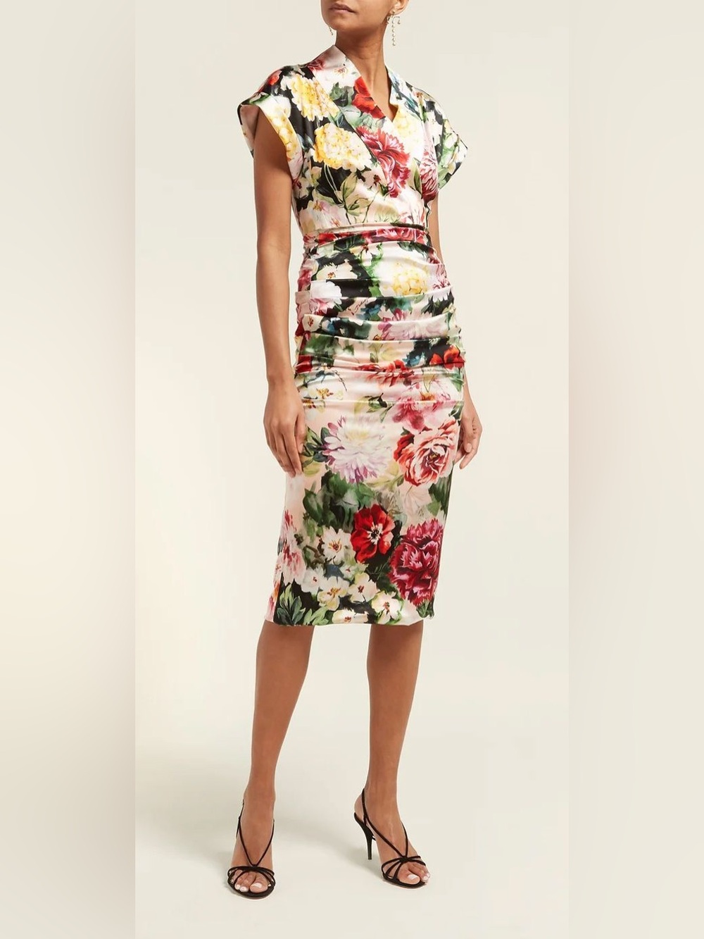 New StyleWe Floral Ruched Bodycon Short Cap sleeve Midi Dress Size Large